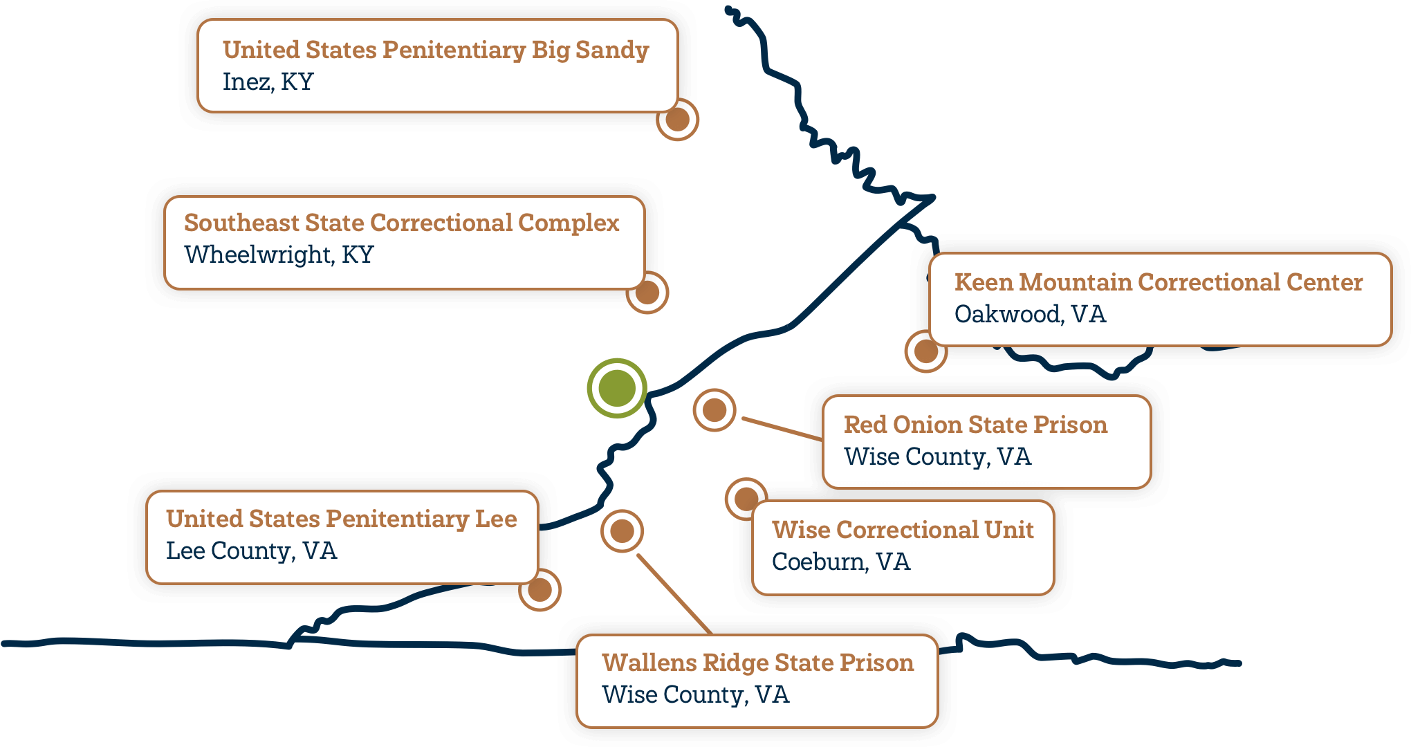 map of the prisons covered by WMMT's radio signal, from Virginia to Kentucky